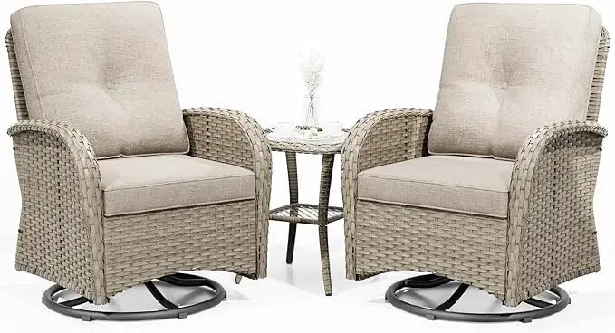 Joyside Outdoor Swivel Rocker Chairs, 3 Piece Wicker Patio Set with Thick Cushion and Side Table, Rattan Patio Swivel Rocking Chairs for Porch, Deck Use (Natural/Beige, 3 PCS) by GreenHaven Gardens
