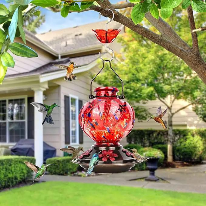 BOLITE Hummingbird Feeder, Hand Blown Glass Hummingbird Feeders for Outdoors Hanging, with Ant Moat and 5 Feeding Ports, 22 Ounces, Peony Flower Shape, Red, Gifts for Women Men, Gifts for Mom Dad by GreenHaven Gardens