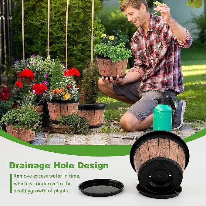 Quarut 4 Pack 10 inch Plant Pots,Upgrade Whiskey Barrel Planters with Drainage Holes & Saucer,Plastic Decoration Flower Pots Retro Design,Planters for Outdoor Indoor Garden Home Plants (Brown) by GreenHaven Gardens