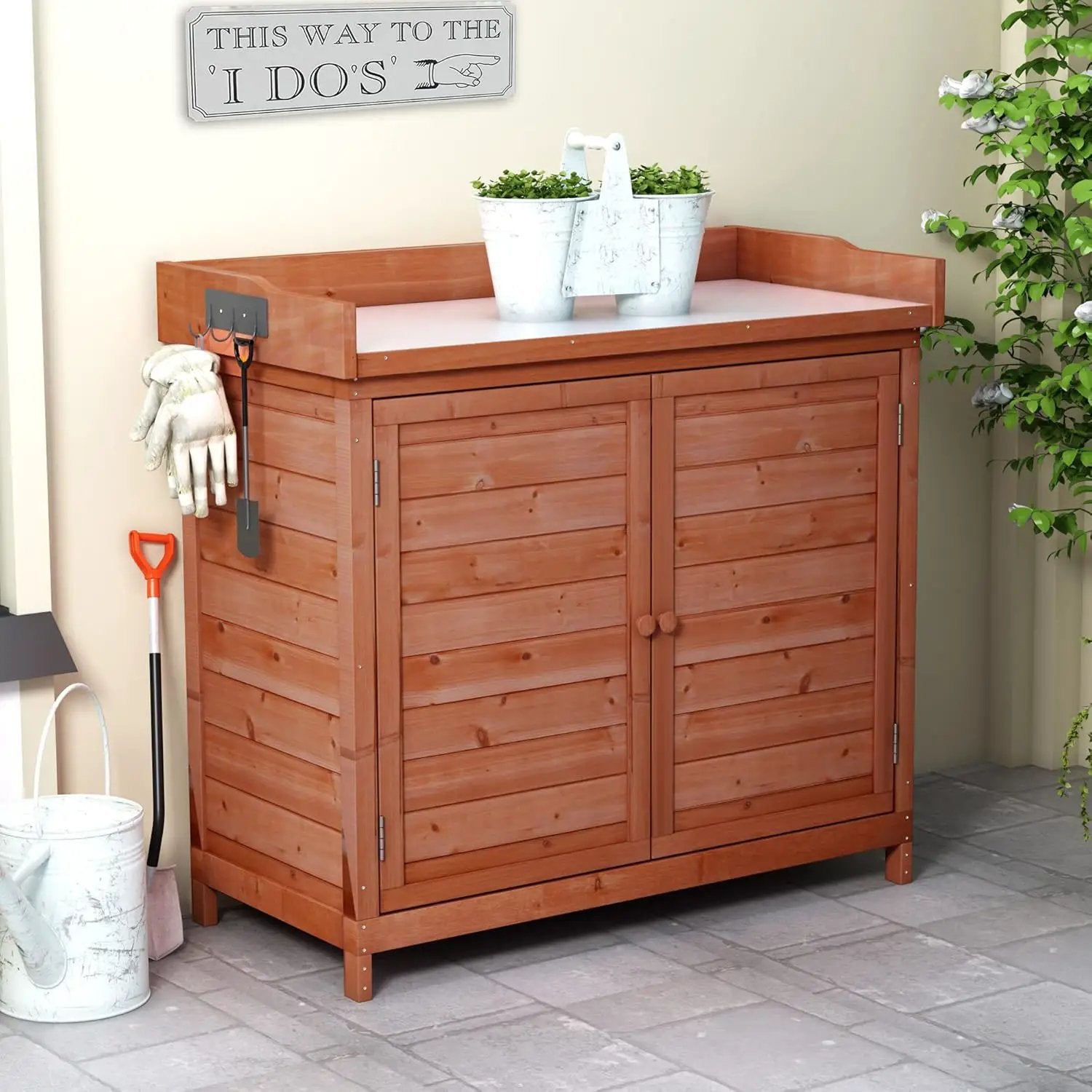 Merax Outdoor 39" Potting Bench Table, Rustic Garden Wood Workstation, Storage Cabinet with 2-Tier Shelves and Side Hook, Orange by GreenHaven Gardens
