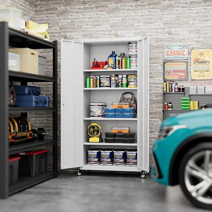 73" H Metal Garage Storage Cabinet with Wheels,Rolling Tool Storage Cabinet with 2 Doors and 4 Adjustable Shelves for Garage,Home,Office,Warehouse,Workshop, Required-Assembly,White by GreenHaven Gardens