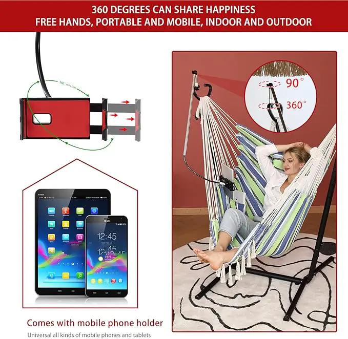ZEYU Hammock Chair with Stand Double Hammock Chair Bohemian Style with Tassel Mobile Phone Support Manual Adjustable Swing Indoor and Outdoor Garden Porch with Floor mat Reclining Capacity 400 pounds by GreenHaven Gardens
