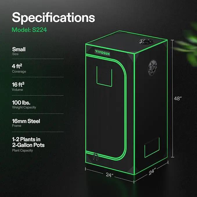 VIVOSUN S224 2x2 Grow Tent, 24"x24"x48" High Reflective Mylar with Observation Window and Floor Tray for Hydroponics Indoor Plant for VS1000 by GreenHaven Gardens