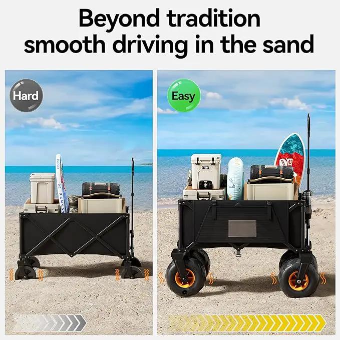 DXZ Beach Wagon Cart with Big Wheels for Sand – Folding Collapsible Wagon, Heavy Duty Wagons Carts Foldable for Beach, Camping, Outdoor Gear, Easy Setup Black Yellow by GreenHaven Gardens
