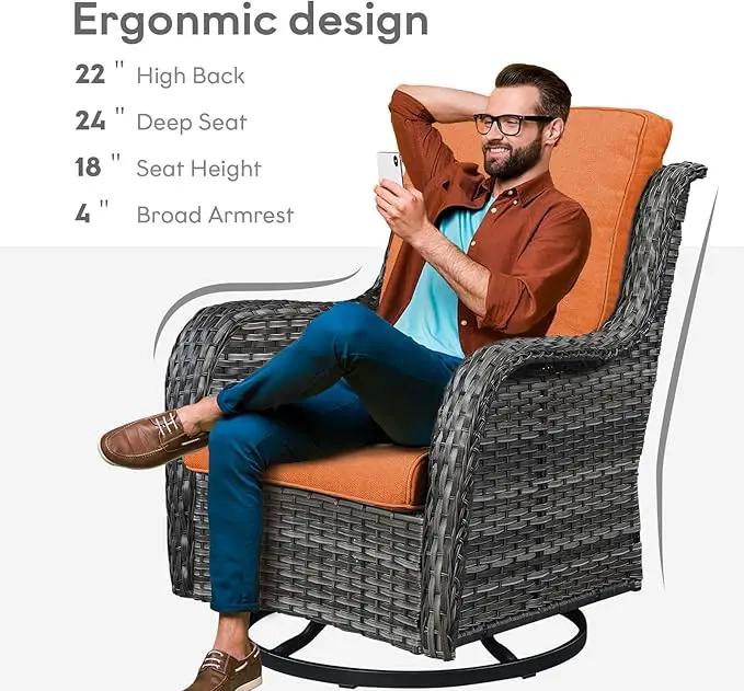 Outdoor Swivel Rocker Wicker Chairs Set of 3, High Back Swivel Patio Chairs Wicker Furniture Set, 2 PCS Rattan Swivel Rocking Chair with Side Table, Orange Cushion by GreenHaven Gardens