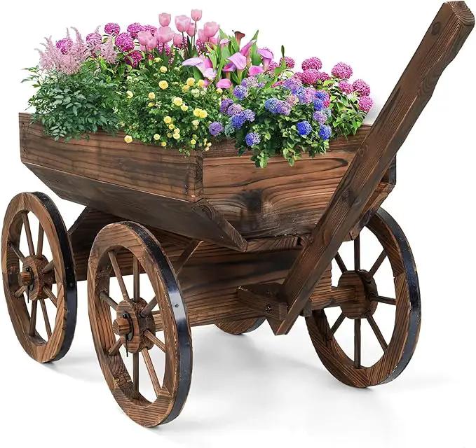 Wood Wagon Planter for Outdoor Balcony Decor - Garden Rustic Wooden Flower Cart with Wheels for Outside Garden Decor Wheelbarrow Planter for Patio by GreenHaven Gardens