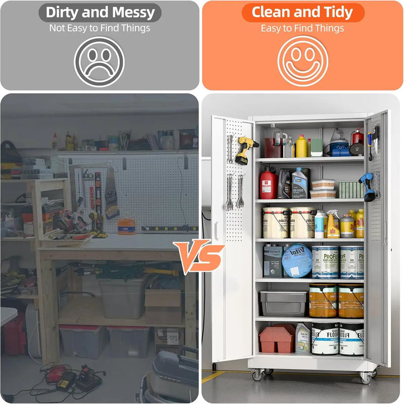71" H×32" W×16" D Garage Storage Cabinet with Wheels, Locking Metal Storage Cabinet with 5 Adjustable Shelves, 4 Hooks and Pegboard for Garage, Home Office, Kitchen, Assembly Required, White by GreenHaven Gardens