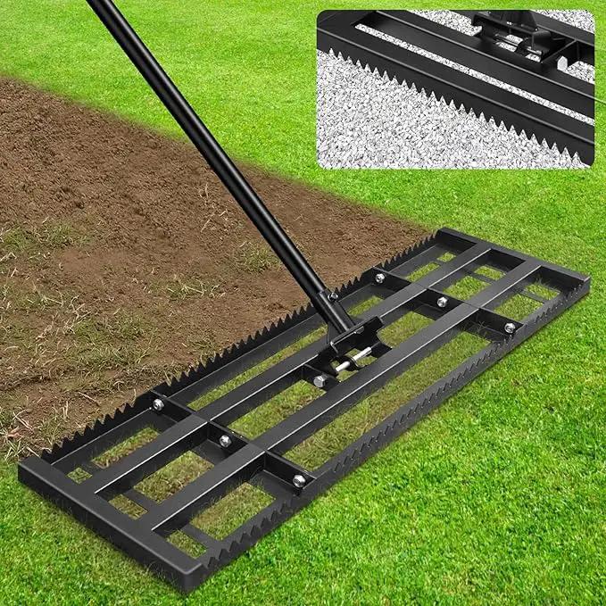 Lawn Leveling Rake-32"x10" Heavy Duty Leveler Reinforced Landscape Tool, Steel Golf Rake with Serrated Edge & Smooth Plate for Level Soil Compost Sand Grass Dirt Yard Garden 6.5FT Adjustable Handle by GreenHaven Gardens
