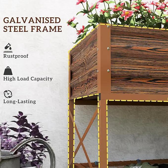 Outsunny Raised Garden Bed with Galvanized Steel Frame, Storage Shelf and Bed Liner, Elevated Planter Box with Legs for Vegetables, Flowers, Herbs, Dark Brown by GreenHaven Gardens