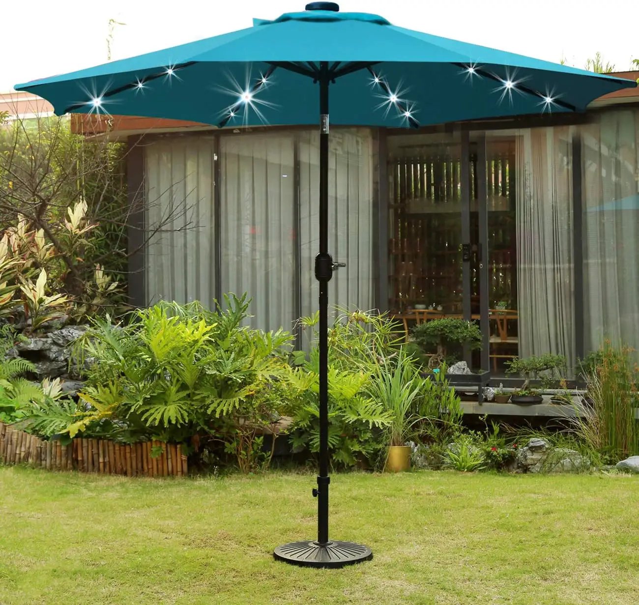Sunnyglade 9' Solar LED Lighted Patio Umbrella with 8 Ribs/Tilt Adjustment and Crank Lift System (Teal Blue) by GreenHaven Gardens