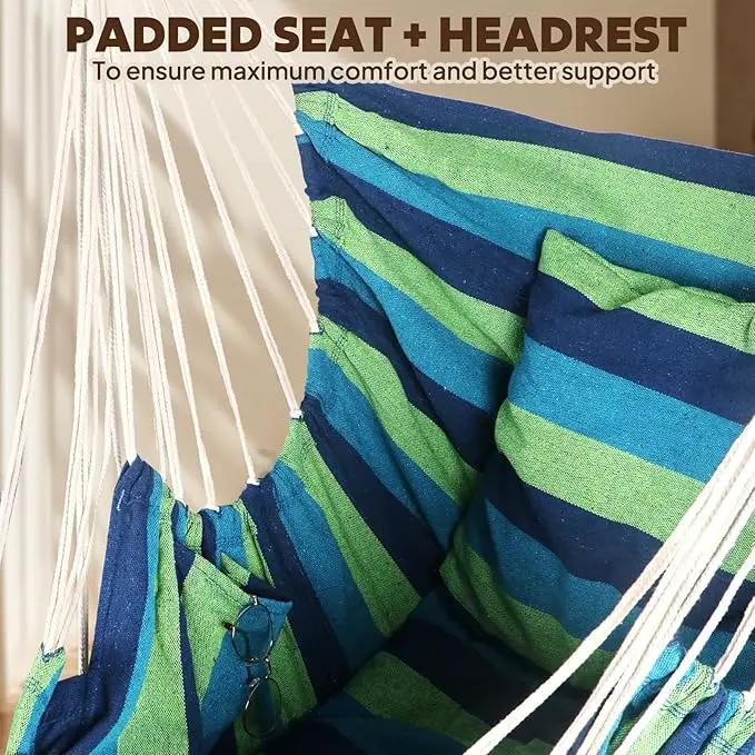 Chihee Hammock Chair Hanging Chair with Foot Rest 2 Cushions Max 500lbs Robust Metal Spreader Bar Collapsible Easy Storage Soft Cotton Swing Chair Strong Strap Iron Carabiner Side Pocket Included by GreenHaven Gardens