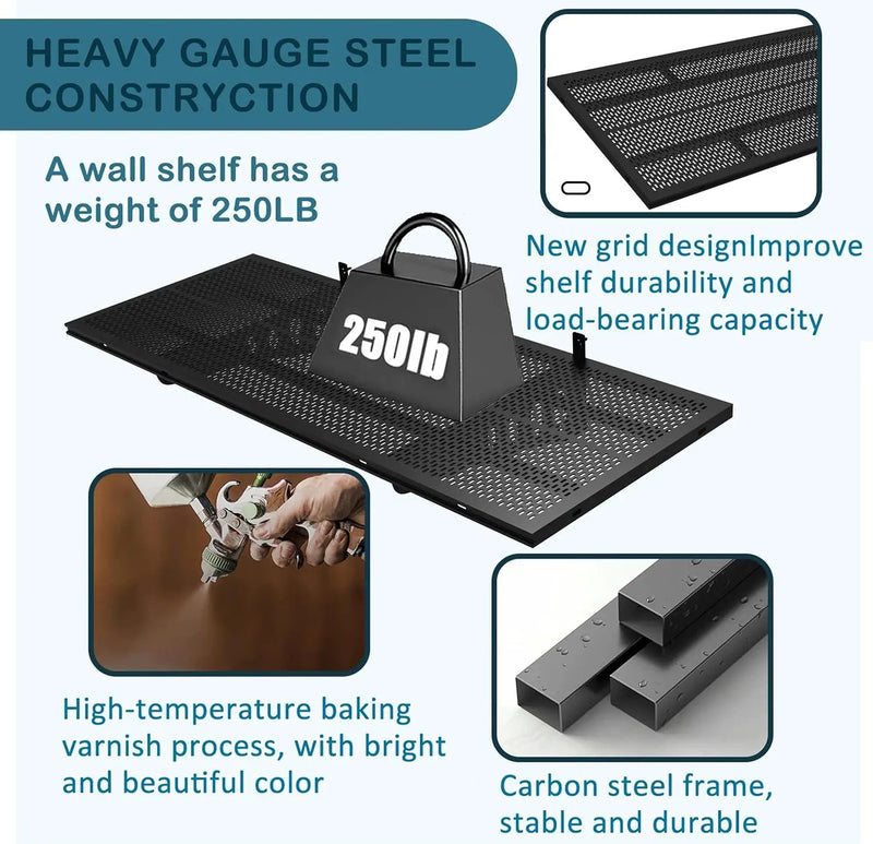 New 1 Pack Garage Wall Shelving, Heavy Duty 1.5' x 3.8' Wall Mount Storage Shelf with Hooks, Garage Storage Rack Floating Shelves, Holds 250 lbs Each by GreenHaven Gardens