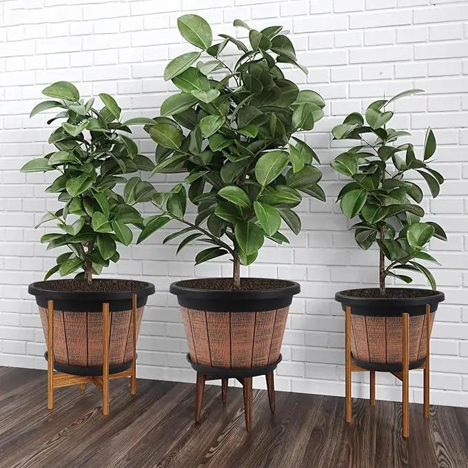 Quarut Large 4 Pack 14 inch Plant Pots,Whiskey Barrel Planters with Drainage Holes & Saucer,Plastic Decoration Flower Pots Retro Design,Planters for Outdoor Indoor Garden Balcony Plants (Brown) by GreenHaven Gardens