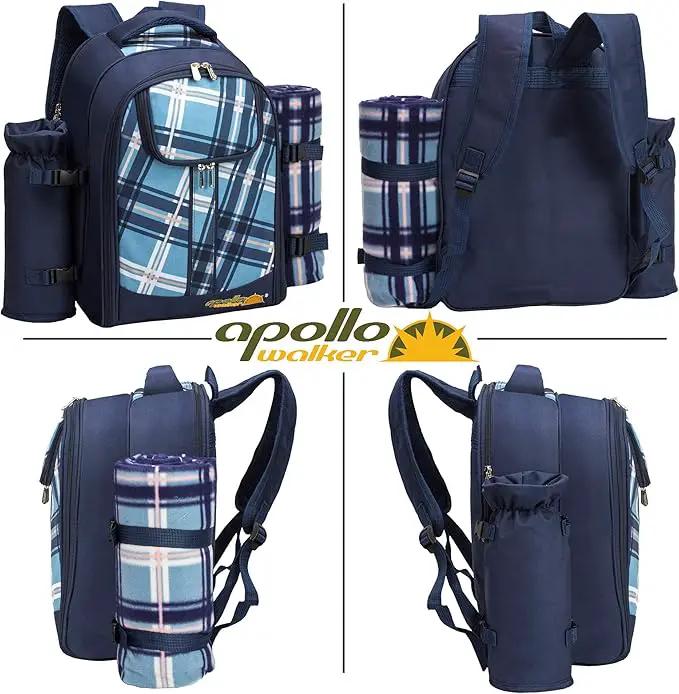 Apollo walker Picnic Backpack Set for 4 with Cooler Compartment,Detachable Bottle/Wine Holder Including Large Picnic Blanket(45"x 53") for Picnic Family and Lovers Gifts,Outdoor,BBQ Time (Blue) by GreenHaven Gardens