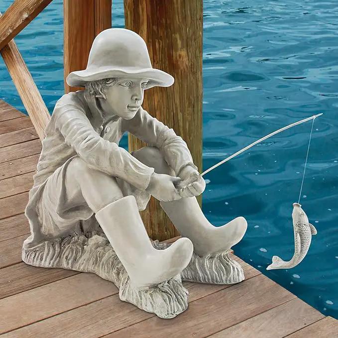 Design Toscano Gone Fishing Fisherman Boy Garden Statue, 17 Inch Tall, Cast Stone Resin, Two Tone Stone Finish by GreenHaven Gardens