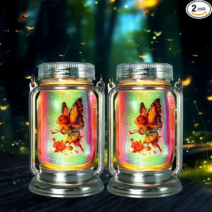 2 Pack Solar Fairy Lanterns for Garden Outdoor Decorations-Gifts for Mom Women Grandma,Outdoor Flower Fairies Silver Glass Mason Jars,Hanging Lamp with Stake for Home Yard Patio Lawn Party by GreenHaven Gardens