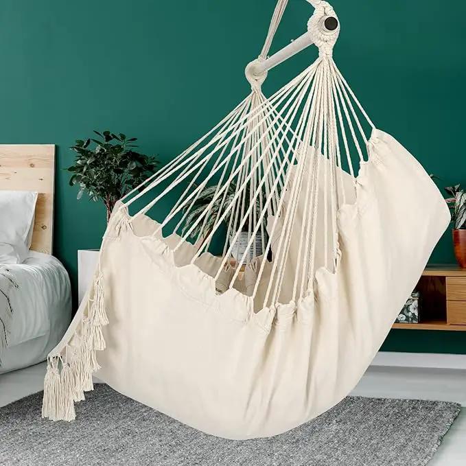 Y- STOP Hammock Chair Hanging Rope Swing, Max 500 Lbs, 2 Cushions Included, Large Macrame Hanging Chair with Pocket for Superior Comfort, with Hardware Kit (Beige) by GreenHaven Gardens