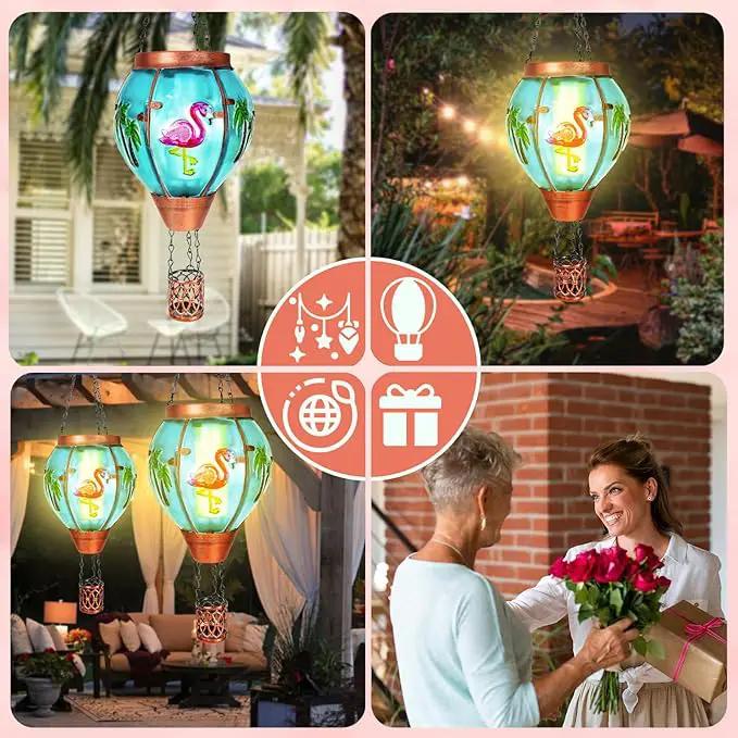 2 Pack Solar Hot Air Balloon Lantern With Flame, Flamingo Glass Solar Outdoor Lights for Patio Garden Decor, Gifts for Women Grandma Mom by GreenHaven Gardens