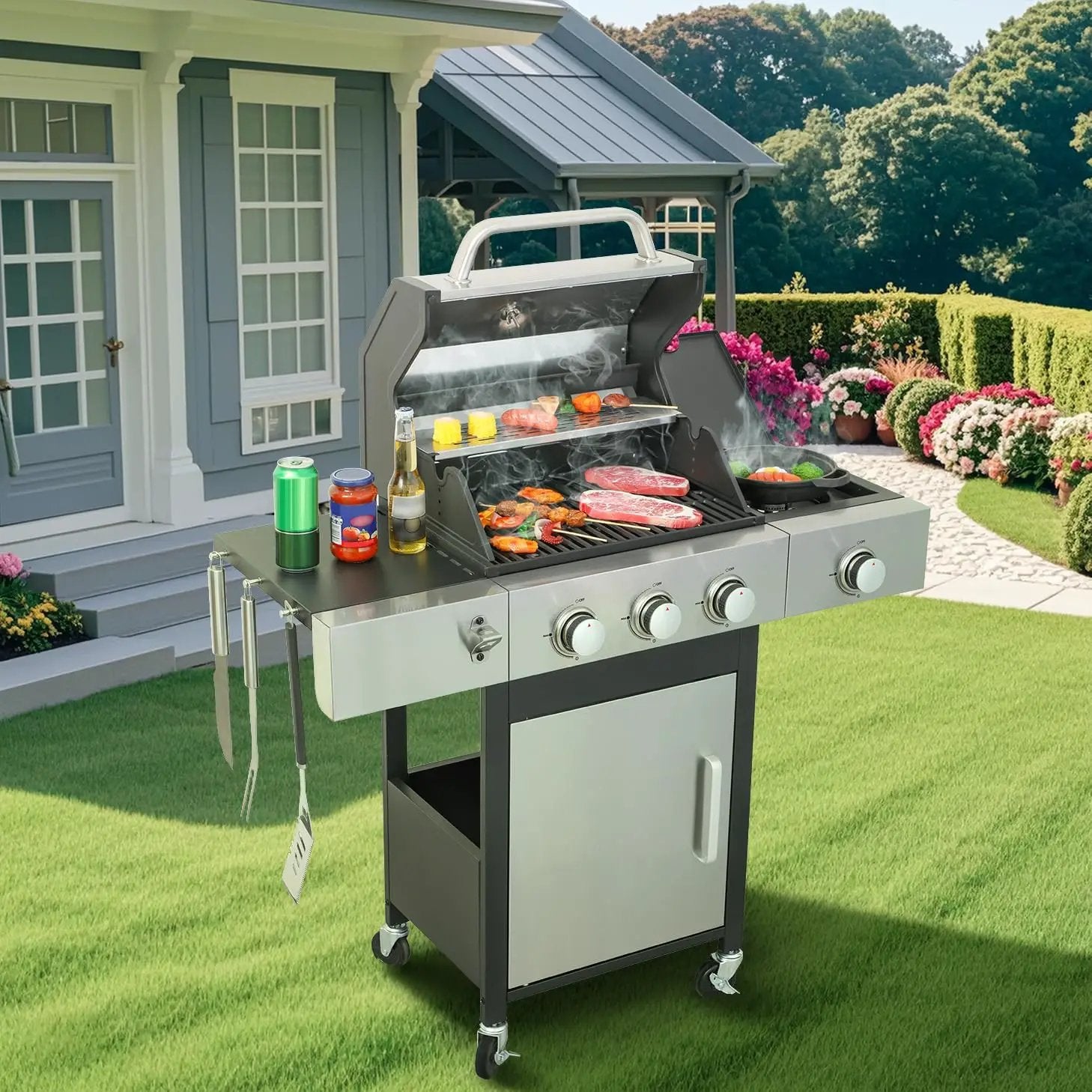 3-Burner Propane Gas Grill with Side Burner, 25,650 BTU Outdoor BBQ Grill with Stainless Steel Warming Rack, Enameled Cooking Grids, Built-in Thermometer & Foldable Side Tables with 6" Wheels by GreenHaven Gardens