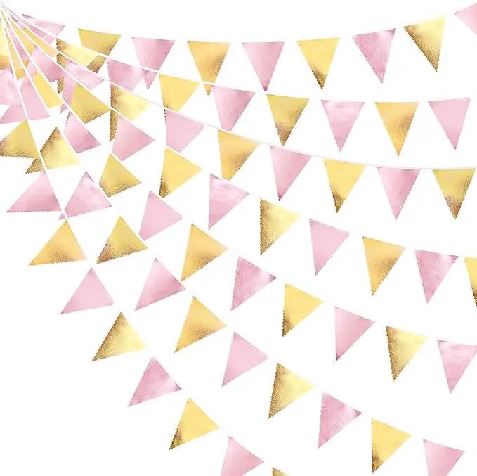 Pink Gold Party Decoration Metallic Fabric Light Pink Gold Triangle Pennant Banner Flag Bunting Garland for Women Girl Birthday Retirement Graduations Bridal Shower Wedding Baby Shower Party Supplies by GreenHaven Gardens