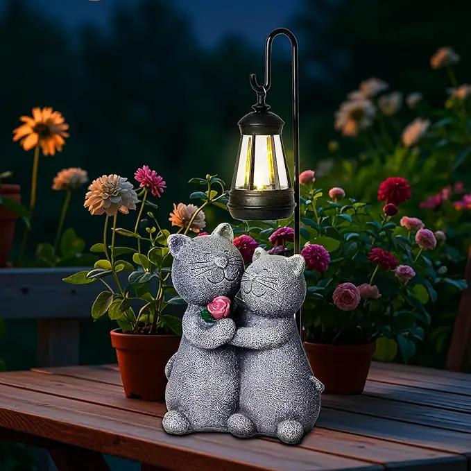 Cat Garden Statues with Solar Lantern Romantic Resin Kitty Couple Holding Rose Funny Cat Decor Gifts for Women Cats Figurines for Yard Lawn Porch Patio Decor by GreenHaven Gardens