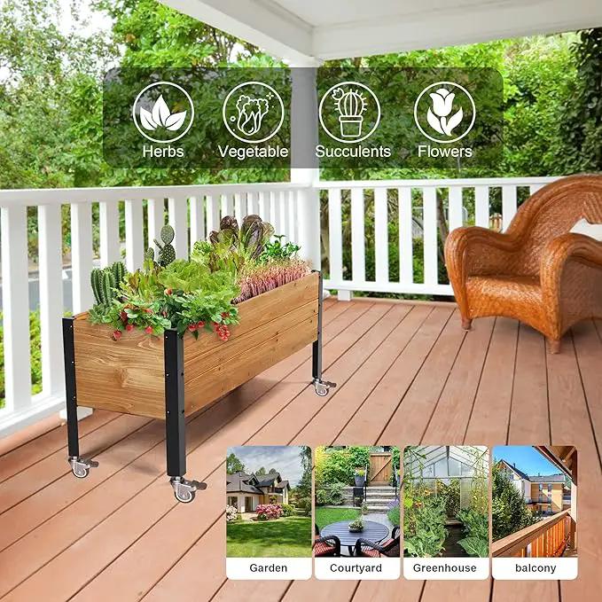 Wood Rectangular Garden Planter Box with Wheel Raised Garden Bed Outdoor,Planters for Outdoor Plants 37 * 13 * 15 Elevated Planter Box for Herbs Vegetables Flowers Outdoor Patio Deck Balcony by GreenHaven Gardens