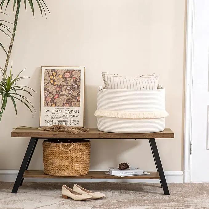 KAKAMAY Large Blanket Basket (20"x13"),Woven Baskets for storage Baby Laundry Hamper, Cotton Rope Blanket Basket for Living Room, Laundry, Nursery, Pillows, Baby Toy chest (White) by GreenHaven Gardens
