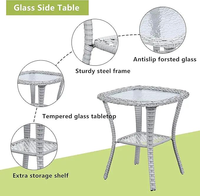 Patio Tables Wicker Side Table - Rattan Coffee Table with Glass Top End Tables for Outdoor Outside Patio Porch Square Light Grey by GreenHaven Gardens
