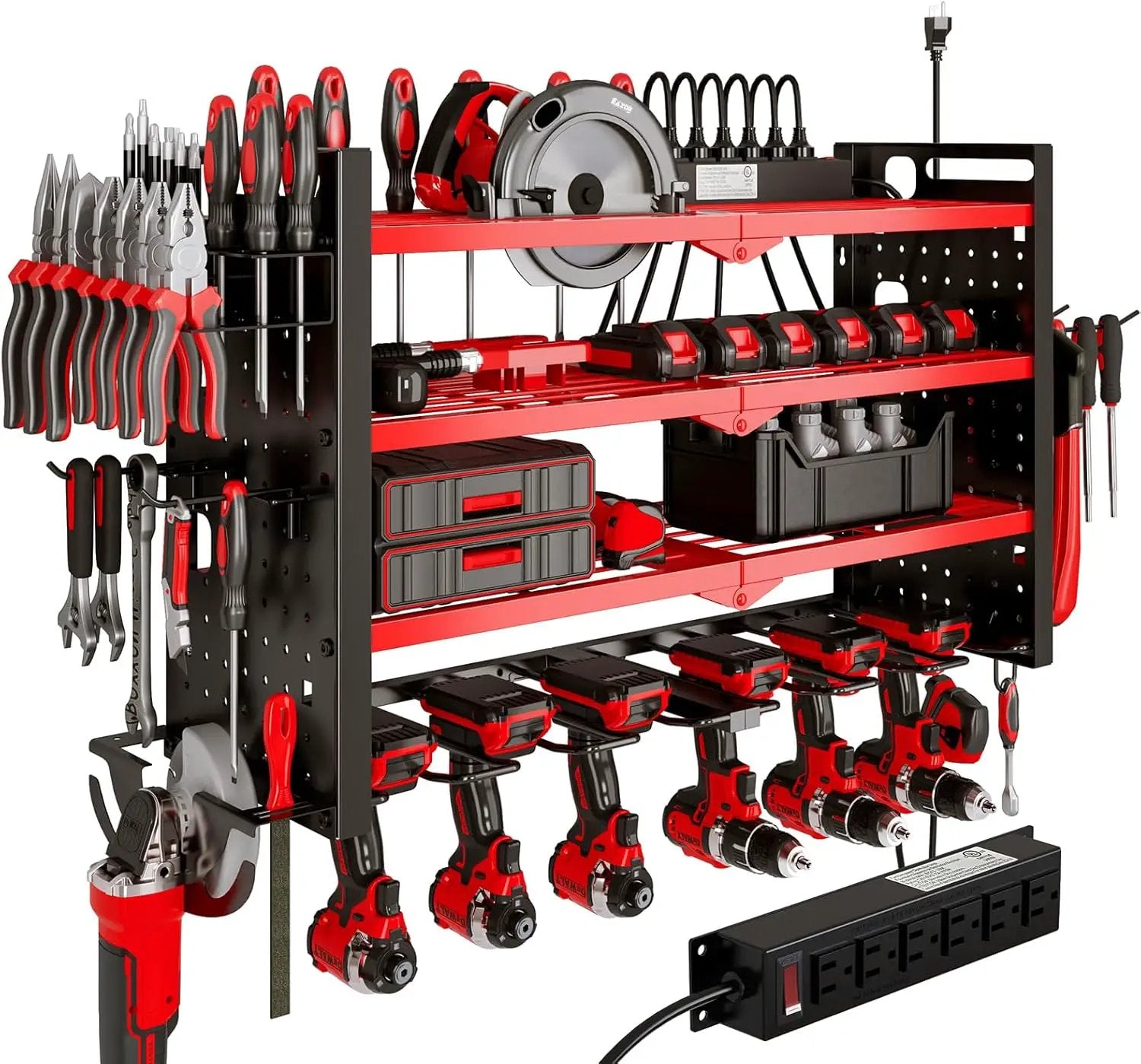 Power Tool Organizer Wall Mount with Charging Station 4 Layer 6 Slot Cordless Drill Holder with Angle Grinder Holder (Red) by GreenHaven Gardens