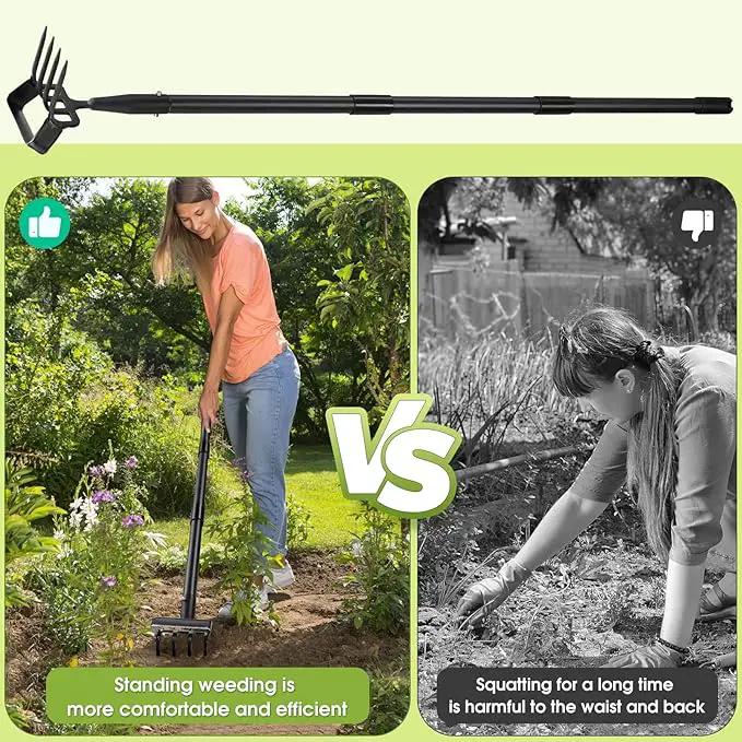 Weed Puller Gardening Tools, Hula Garden Hoe and 4 Tines Rake 2-in-1 Garden Tools for Weeding, Action Stirrup Hoe with 37"-62" Adjustable Long Handle for Lawn,Vegetable Garden Loose Soil and Weeding by GreenHaven Gardens