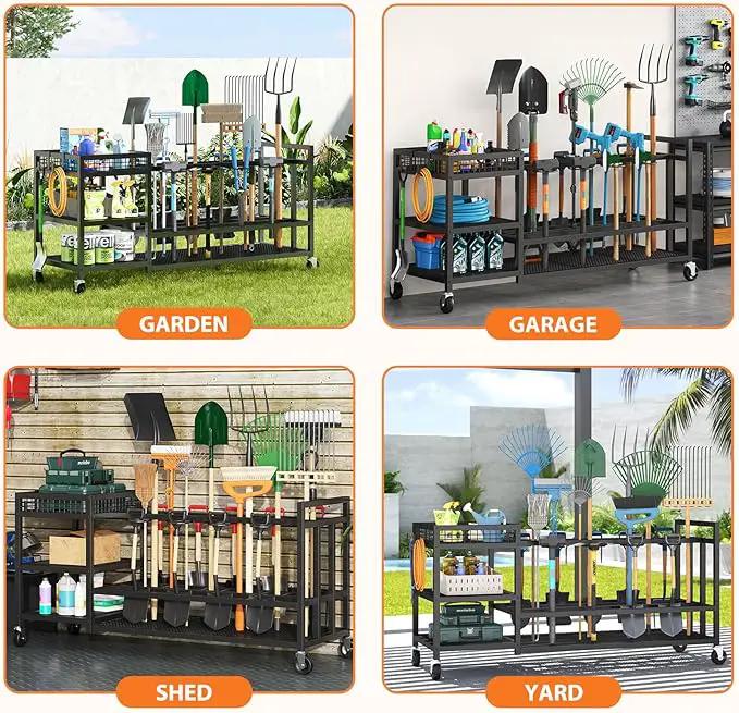 Garden Tool Organizer with Wheels-Movable Garden Tool Rack with Storage Hooks for Long-Handled Tools/Rakes/Brooms/Shovels,Heavy Duty Metal Garden Tool Storage for Garage,Shed,Garden,Black by GreenHaven Gardens
