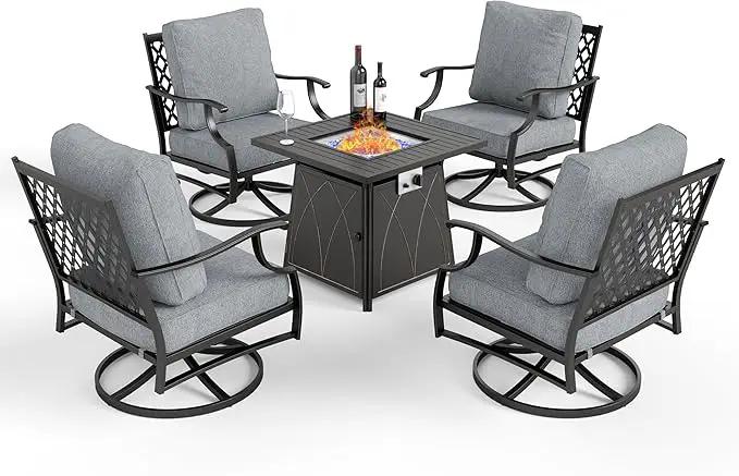 Patio Furniture Set with Fire Pit Table, 5 Pcs Metal Outdoor Conversation Set, 4 Swivel Chairs with 5.75" Extra Thick Cushion and 28" Fire Pit Table for Backyard Deck, Grey by GreenHaven Gardens