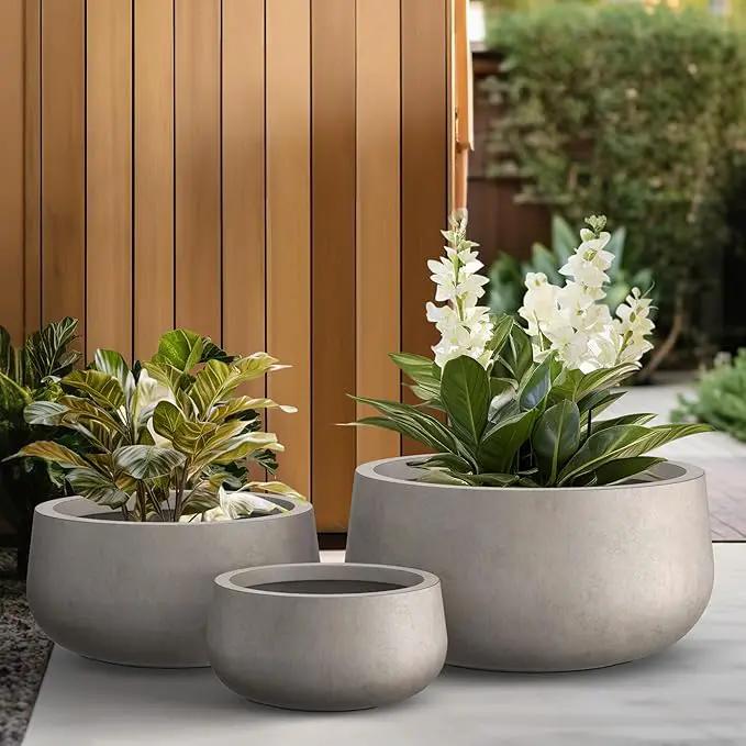 Kante 19.6",15.7",11.8" Dia Round Concrete Planters Set of 3, Outdoor Indoor Large Plant Pots with Drainage Hole, Modern Curvaceous Design, Weathered Concrete by GreenHaven Gardens