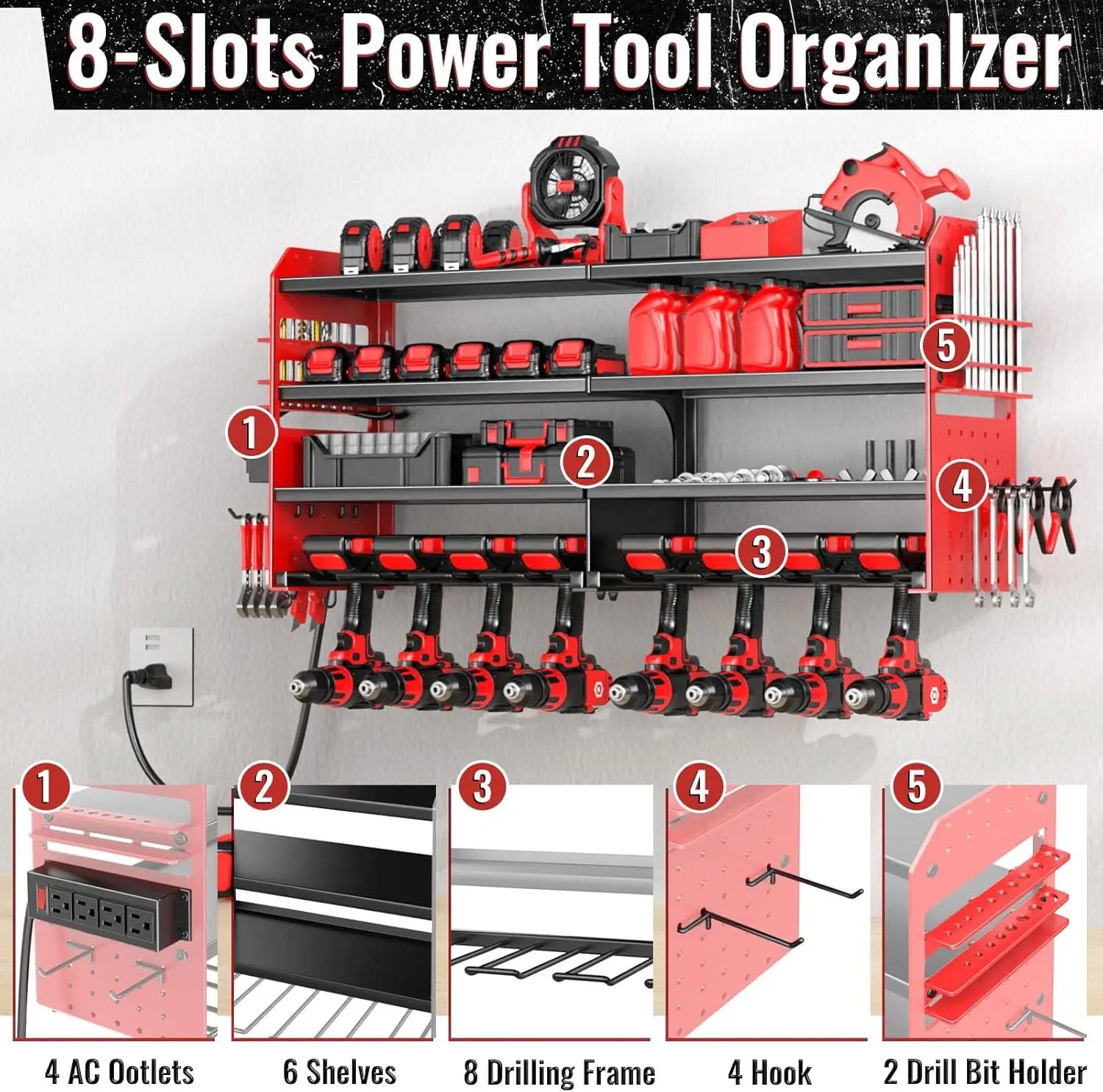 Large Power Tool Organizer Wall Mount with Charging Station, 4 Layer Heavy Duty Metal Cordless Tool Organizer, Tool Storage Rack with 8 Cordless Drill Holder Screwdriver Hammer(Red) by GreenHaven Gardens