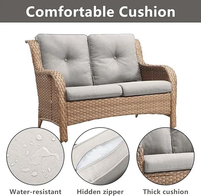 Outdoor Wicker Patio Furniture Set - 5 Piece Rattan Patio Conversation Set with 2 Rocking Swivel Chairs,2 Ottomans and 1 Loveseat for Porch Deck Backyard Garden(Yellow/Beige) by GreenHaven Gardens