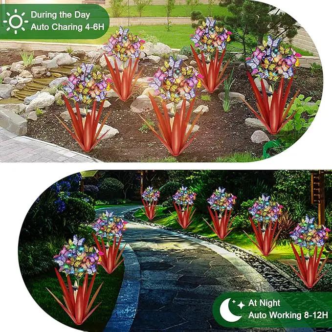 Homight Solar Metal Agave Butterfly Flower Stick Garden Sculpture - Outdoor Gift, Christmas Lights - Swaying Butterfly Garden Lights - Solar Outdoor (3 PCS RED) by GreenHaven Gardens