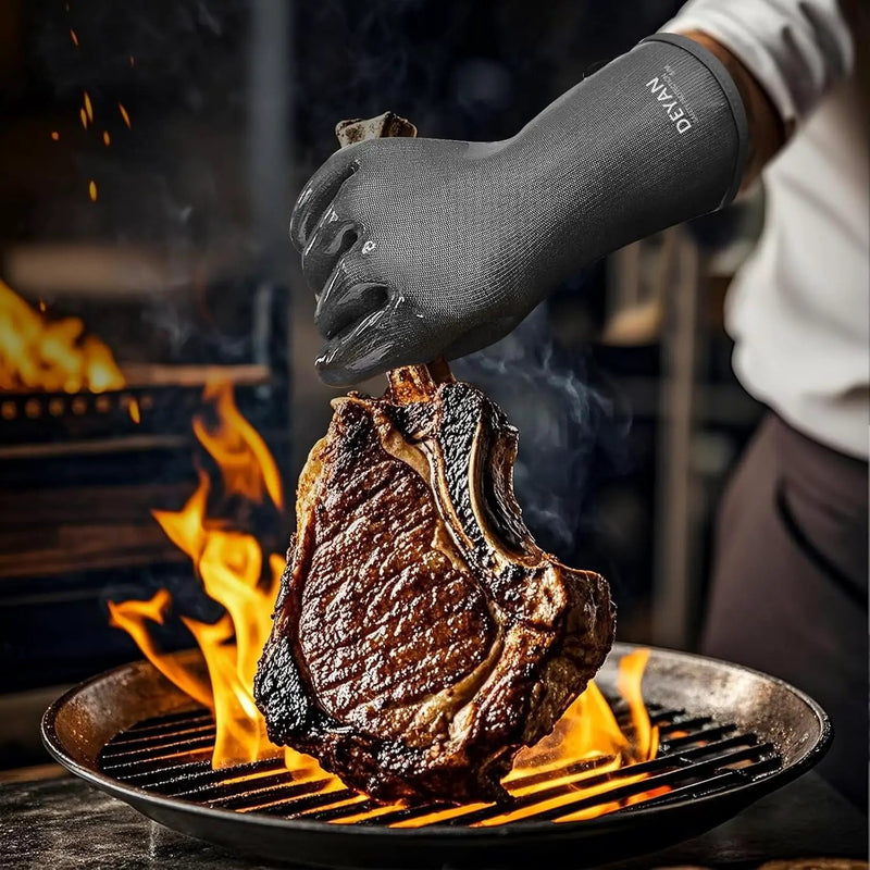 DEYAN Silicone BBQ & Oven Gloves - Food Grade, Heat Resistant Waterproof & Oil Proof Gloves for Grilling, Baking, Frying, Cooking - Long Sleeve & Non-Slip Grip, 1 Pair(Black, 9/L) by GreenHaven Gardens