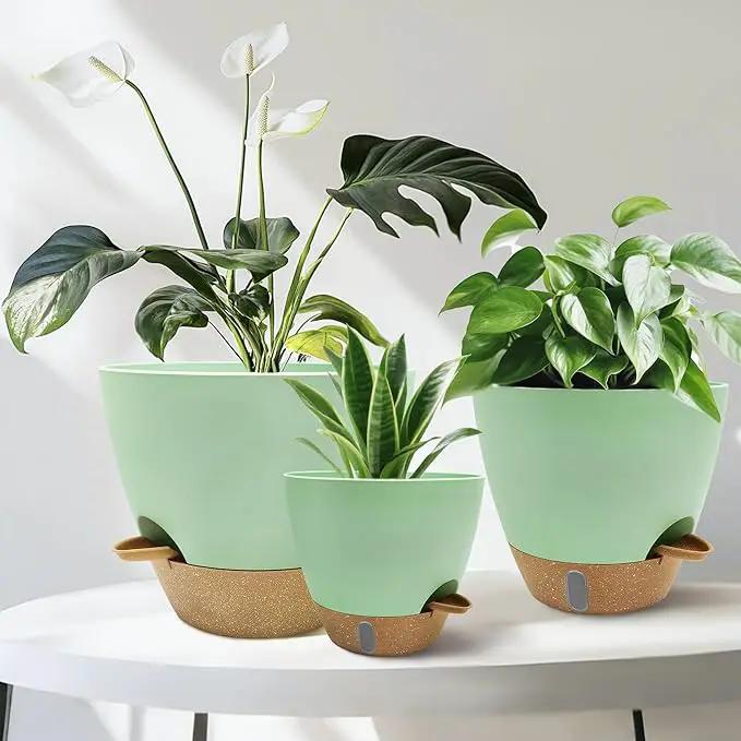 12/10/9/8 inch Self Watering Pots with Visual Water Window, Extra Large Self Watering Plant Pot with Drainage Holes and Saucers, Green Flower Pots for Indoor Plants by GreenHaven Gardens