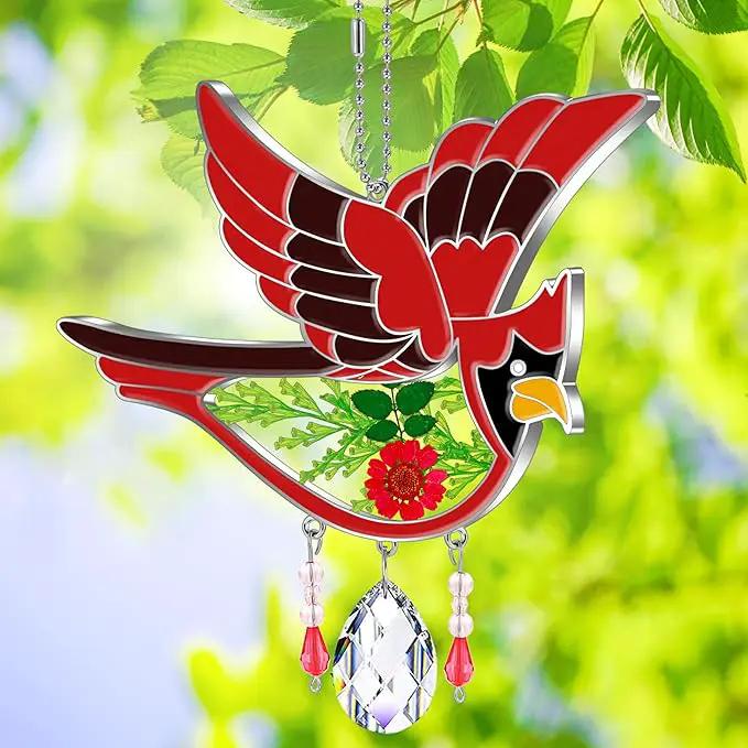 KY&BOSAM Cardinal Suncatcher Crystal Had Painted Glass Sun catchers Hangings for Windows Ornament with Pressed Real Flower and Heart Charm Birthday Gifts for Women Mom Mother's Day Christmas Mom Gifts by GreenHaven Gardens