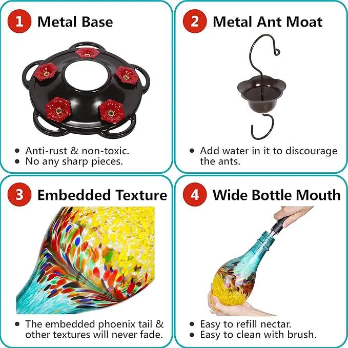 LUJII Hand Blown Glass Hummingbird Feeder for Outdoors with Ant Moat, Leak Proof & Rustproof,36 fl.oz, Metal Base Cover with 5 Feeding Ports & 5 Perches, Glass Art for Garden Decor (Blue Mixed Yellow) by GreenHaven Gardens