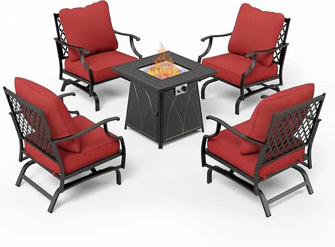 Patio Furniture Set with Fire Pit Table, 5 Pcs Metal Outdoor Conversation Set, 4 Rocking Chairs with 5.75" Extra Thick Cushion and 28" Fire Pit Table for Backyard Deck, Red by GreenHaven Gardens