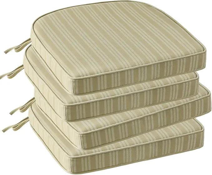 Outdoor Round Corner Seat Cushion, 17"x16"x2", Set of 4, Non Slip Seat Cushion Pads with Removable Cover for Patio Furniture, Garden Yard Lawn, Beige Brown Stripe by GreenHaven Gardens