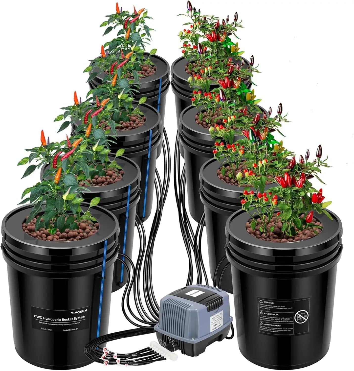 VIVOSUN DWC Hydroponics Grow System with Top Drip Kit, 5-Gallon Deep Water Culture, Recirculating Drip Garden System with Multi-Purpose Air Hose, Air Pump, and Air Stone (8 Buckets + Top Drip Kit) by GreenHaven Gardens
