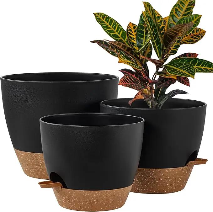 FaithLand 3-Pack Large Planter Pots, 12 10 9 Inch Self Watering Flower Pots for Indoor Outdoor Garden Plants, Black with Brown by GreenHaven Gardens