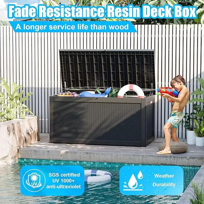 260 Gallon Large Resin Deck Box, Lockable Outdoor Storage Box for Patio Cushions Storage Furniture,Garden Tools, Pool Supplies, Weatherproof and UV Resistant-Black Rattan (260 Gallon) by GreenHaven Gardens
