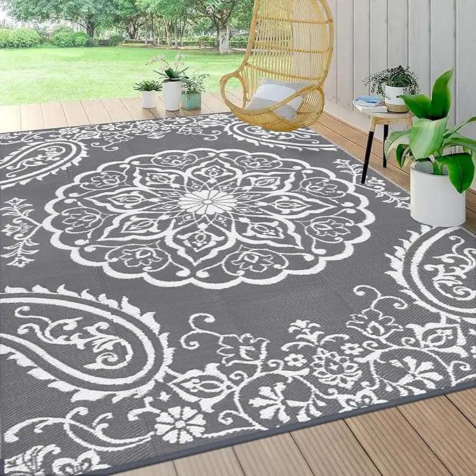 Pauwer Waterproof Outdoor Rug 8x10, Reversible Plastic Straw Patio Camping Rug, Indoor Outdoor RV Mat Carpet for Deck, Camper, Porch, Balcony, Backyard, Picnic, Boho Grey by GreenHaven Gardens