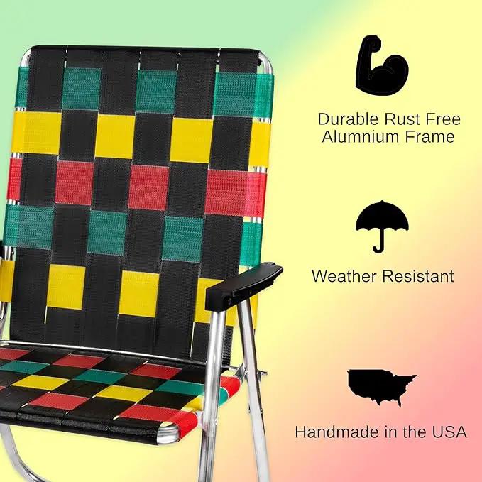 Lawn Chair USA Folding Aluminum Outdoor Patio Lawn Chair | Heavy-Duty Webbed Chairs for Camping, Sports, Beach, Yard & Tailgating | Lightweight Portable | High Back Beach Chair - Rasta Flag by GreenHaven Gardens