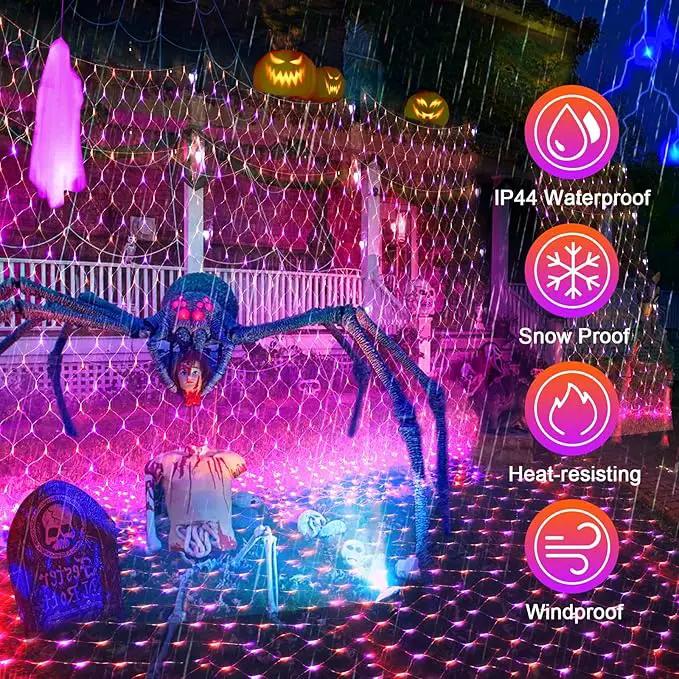 JXLEDAYY 200 LED Halloween Net Lights Outdoor Waterproof 3M*2M Mesh Lights Fairy String Lights Plug in with Timer 8 Modes for Bush Window Fence Garden Yard Roof Wall Decor-Purple and Orange by GreenHaven Gardens