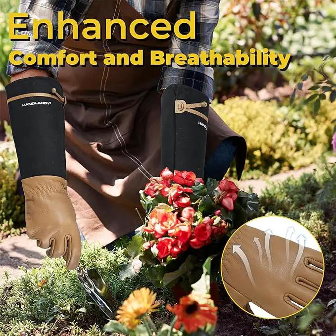 HANDLANDY Long Gardening Gloves for Men & Women, Cowhide Leather Rose Pruning Gloves, Breathable Thorn Proof Gauntlet Glove (Brown-Cowhide, L) by GreenHaven Gardens