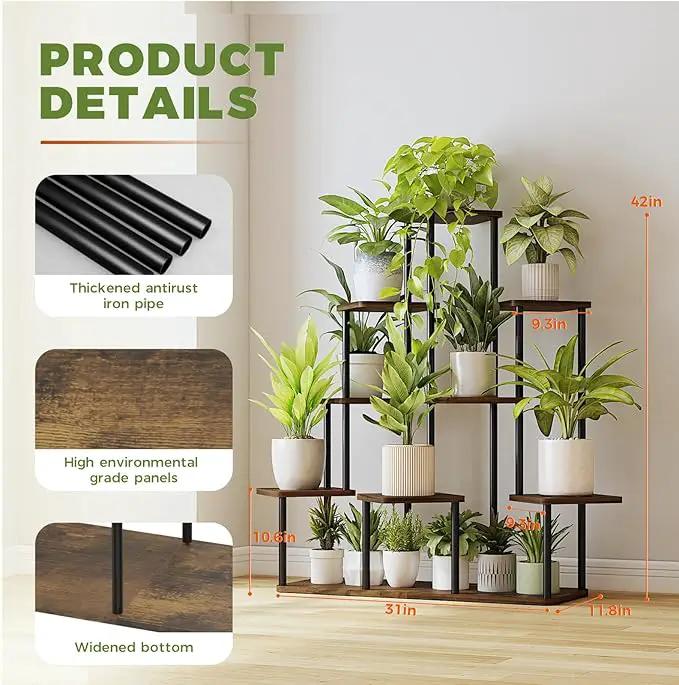Bamworld Large Plant Stand Indoor, 9 Tier Tall Metal Plant Shelf for Multiple Plants, Tiered Flower Stand for Patio Garden Balcony Living Room Bedroom(Brown) by GreenHaven Gardens